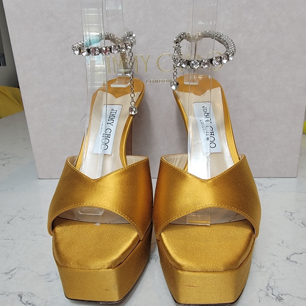 Jimmy Choo Saeda Platform Sandal Yellow Crystal Ankle Strap 37 luxury wedding - Picture 6 of 15